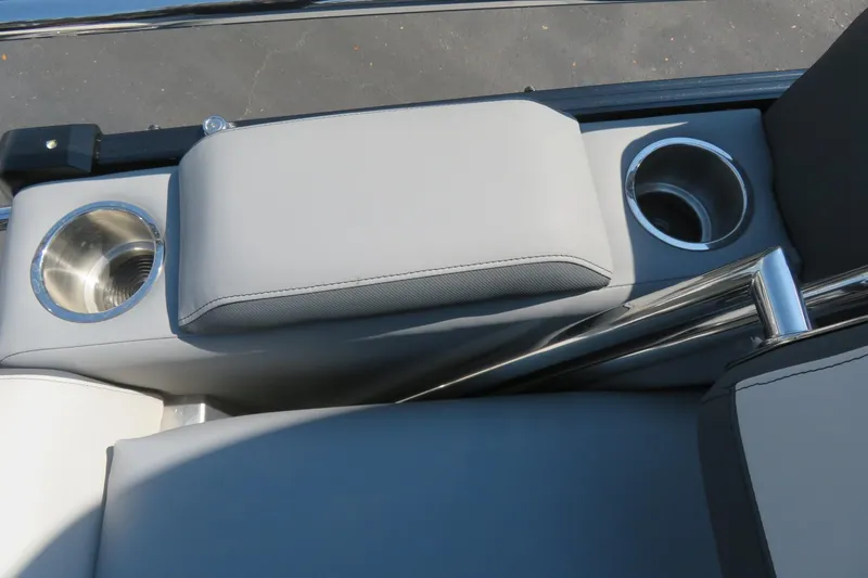 Slide: The Image of 2026 Avalon Catalina Quad Lounge boat seating with integrated cup holders. - 85