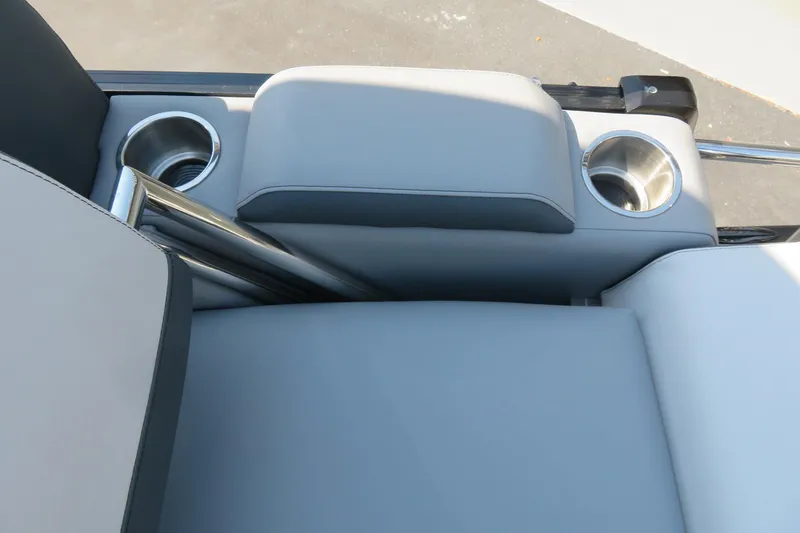 Slide: The Image of 2026 Avalon Catalina Quad Lounge boat seating with integrated cup holders. - 86