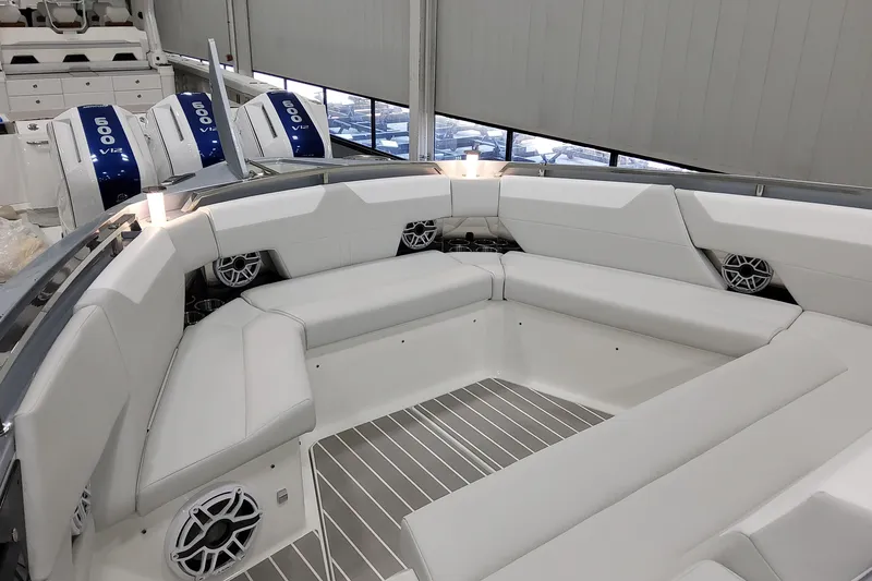 Slide: The Image of 2026 Formula 500 Super Sport Crossover boat interior with luxurious seating and powerful engines. - 25