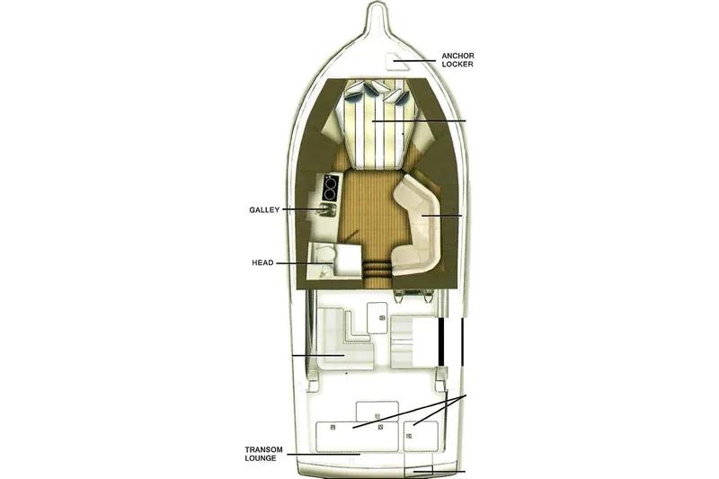 Slide: The Image of 2005 Tiara Yachts 3200 Open floor plan with labeled galley, head, and transom lounge. - 82