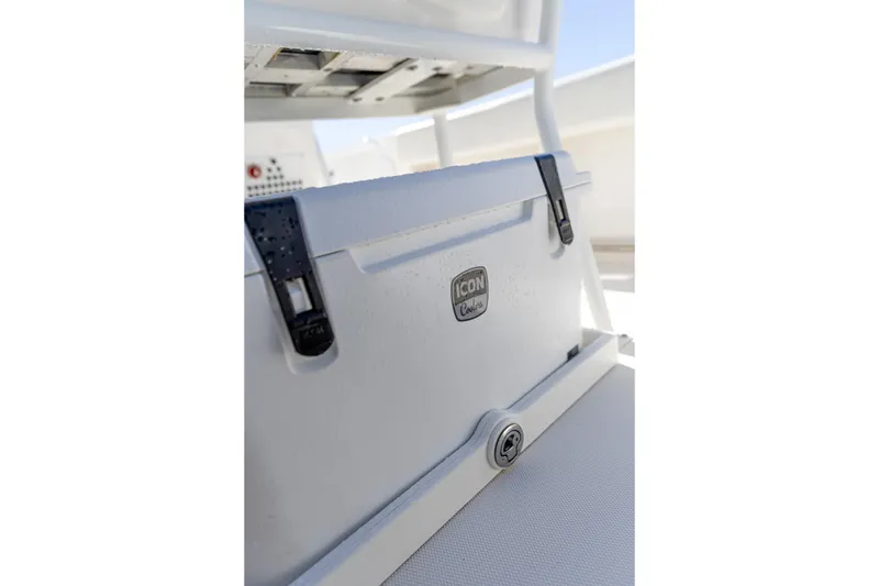 Slide: The Image of Edgewater 245CC 2022 boat with Icon cooler on deck. - 11
