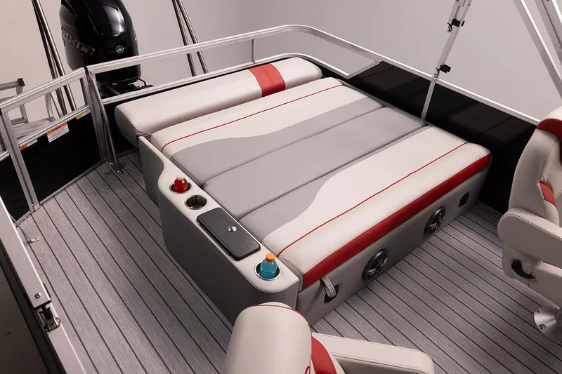 Slide: The Image of Manufacturer Provided Image: 2026 SunCatcher Select 322SL boat interior with cushioned seating and modern design. - 12