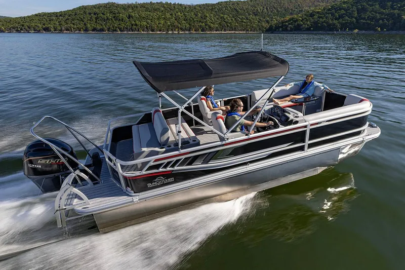 Slide: The Image of Manufacturer Provided Image: 2026 SunCatcher Select 322SL pontoon boat cruising on a scenic lake. - 9