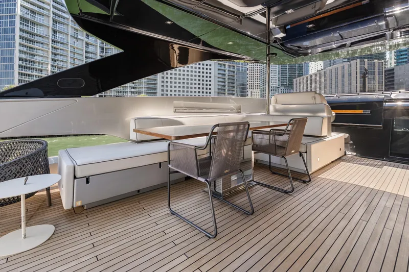 Slide: The Image of Luxurious deck of 2020 Riva 100' Corsaro yacht with modern seating and cityscape view. - 15