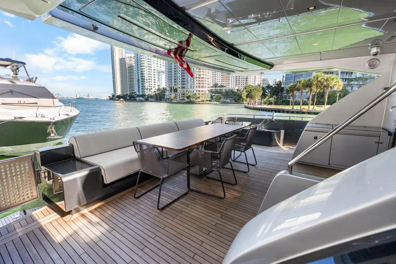 Slide: The Image of Luxurious 2020 Riva 100' Corsaro yacht deck with elegant seating and waterfront view. - 25