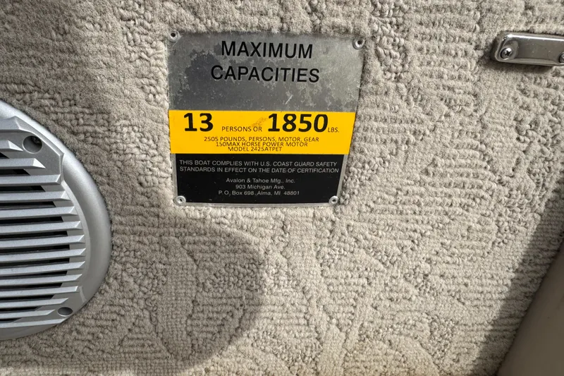 Slide: The Image of Capacity label on 2014 Avalon Windjammer Fish boat, 13 persons or 1850 lbs. - 15