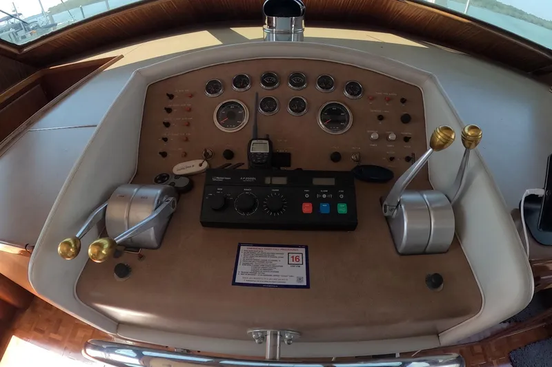 Slide: The Image of Helm controls of a 1987 Hatteras 54 Motor Yacht with gauges and levers. - 3
