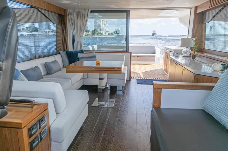 Slide: The Image of Luxurious interior of 2020 Sunseeker Predator 74 yacht with elegant seating and ocean view. - 9