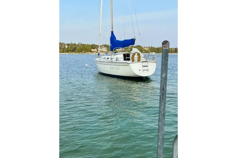 Slide: The Image of 1985 Pearson Yachts 36-2 sailboat anchored in calm waters with blue sail cover. - 2