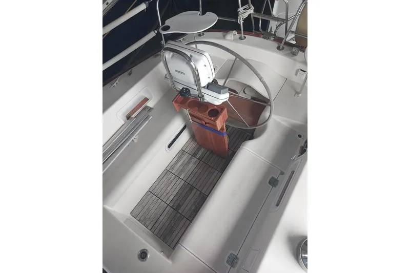 Slide: The Image of Cockpit of 1985 Pearson Yachts 36-2, featuring steering wheel and seating area. - 8