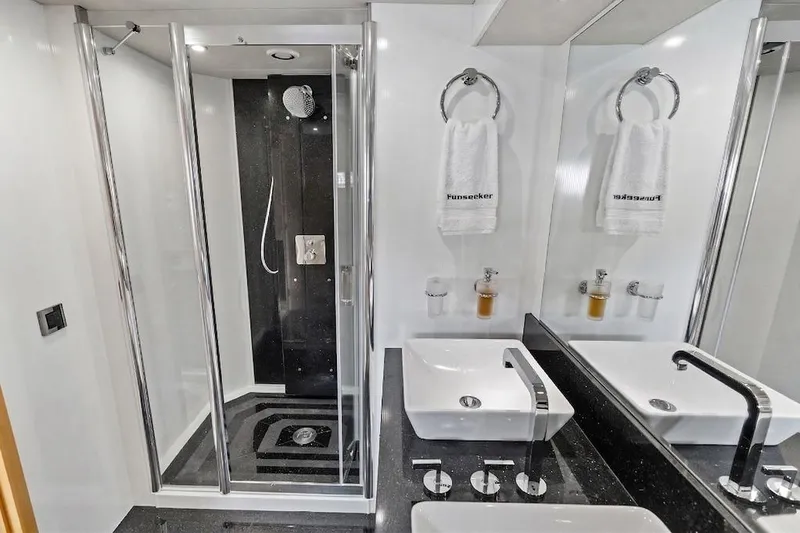 Slide: The Image of Luxurious bathroom on 2012 Sunseeker 88 Yacht with modern fixtures and elegant design. - 105