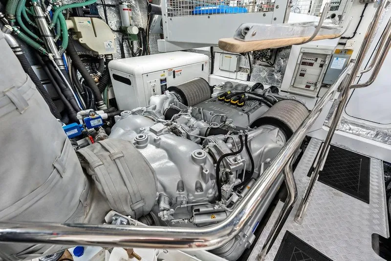 Slide: The Image of Engine room of a 2012 Sunseeker 88 Yacht, showcasing machinery and components. - 109