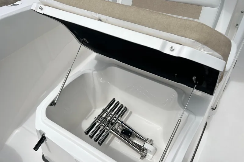 Slide: The Image of Open storage compartment on 2026 Sea Fox 268 Commander boat, showcasing interior features. - 14