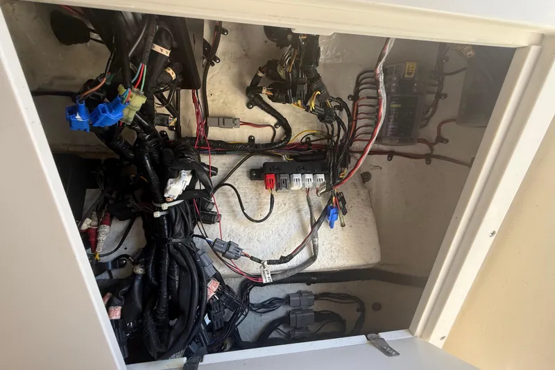 Slide: The Image of Electrical wiring inside a 2019 Key West Billistic 281 Center Console boat. - 111