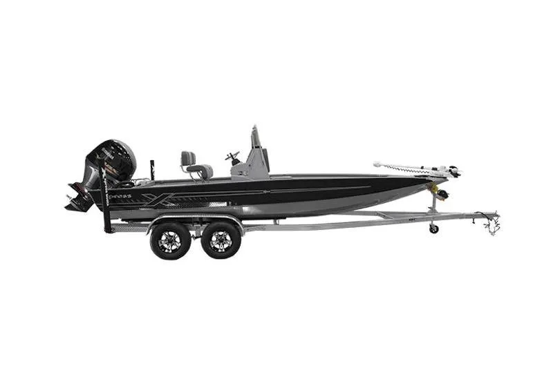 Slide: The Image of 2026 Xpress H22 boat on trailer, side view, sleek design, black and gray color. - 26