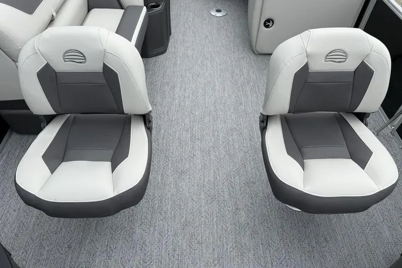 Slide: The Image of 2026 Sun Tracker Fishin' Barge 20 DLX boat seats, gray and white upholstery. - 10