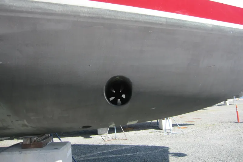 Slide: The Image of Hull of 1999 Delta Marine Raised Pilothouse Motoryacht with visible bow thruster. - 6