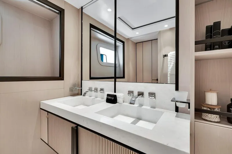 Slide: The Image of Luxurious bathroom interior of 2024 Baglietto DOM 133 yacht with dual sinks and modern design. - 103