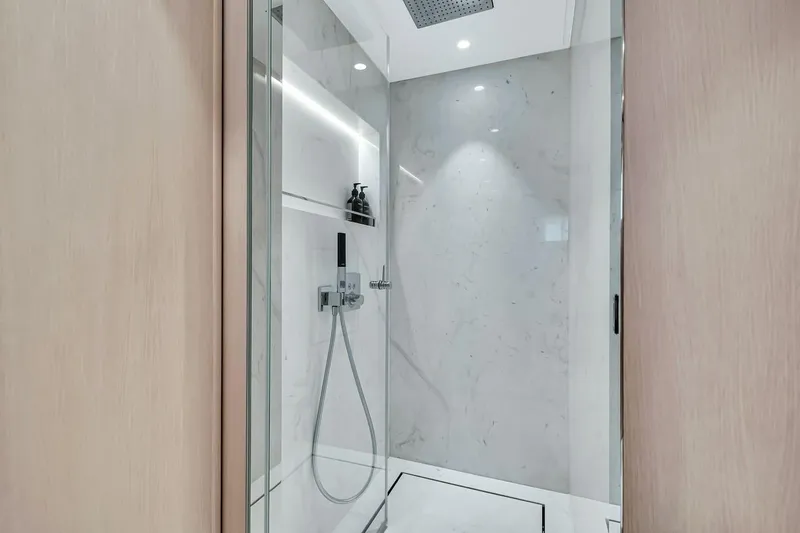 Slide: The Image of Luxurious marble shower in 2024 Baglietto DOM 133 yacht bathroom. - 105
