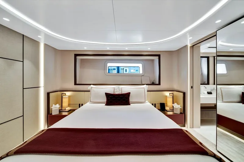 Slide: The Image of Luxurious interior of 2024 Baglietto DOM 133 yacht cabin with modern design and elegant lighting. - 107