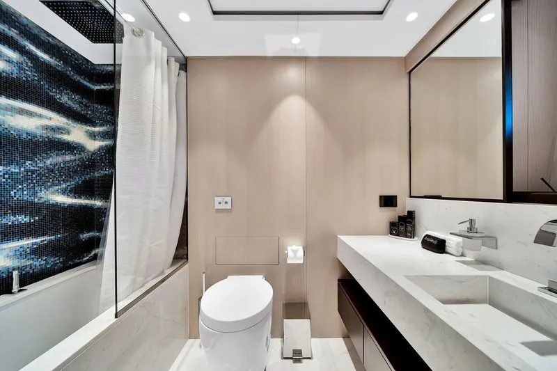 Slide: The Image of Luxurious bathroom in 2024 Baglietto DOM 133 yacht, featuring modern fixtures and elegant design. - 108