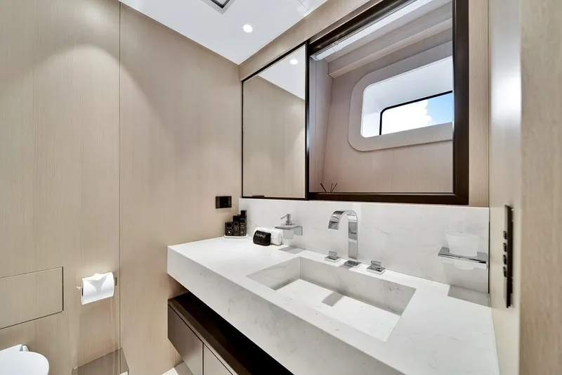 Slide: The Image of Luxurious bathroom interior of 2024 Baglietto DOM 133 yacht with modern fixtures. - 110