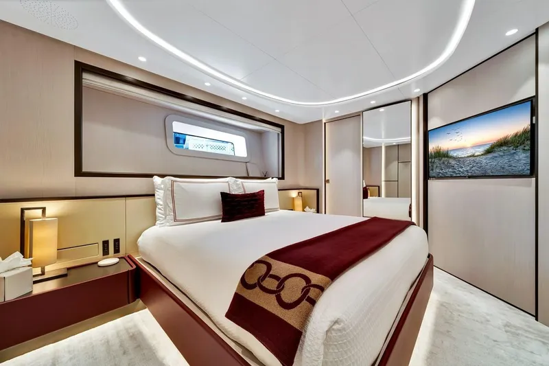 Slide: The Image of Luxurious bedroom interior of 2024 Baglietto DOM 133 yacht with modern design elements. - 113