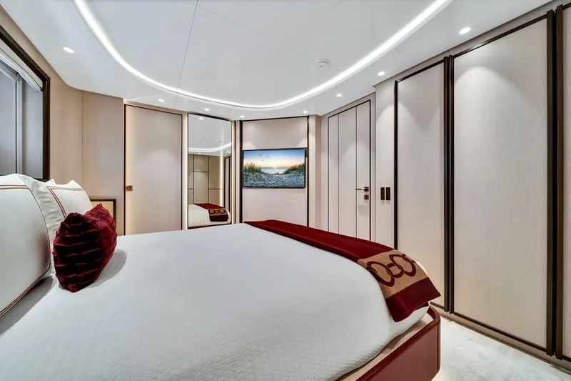 Slide: The Image of Luxurious bedroom interior on 2024 Baglietto DOM 133 yacht, featuring elegant design and modern amenities. - 116