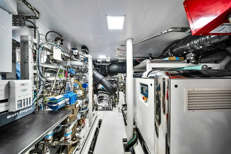 Slide: The Image of Engine room of 2024 Baglietto DOM 133 yacht, showcasing advanced machinery and equipment. - 120
