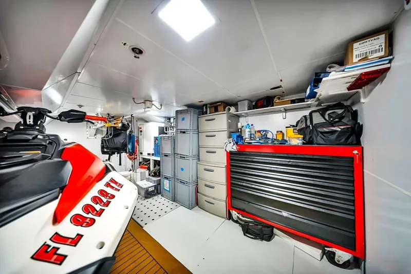 Slide: The Image of Workshop area on 2024 Baglietto DOM 133 yacht with tools and storage. - 124