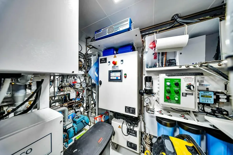 Slide: The Image of Engine room of 2024 Baglietto DOM 133 yacht, showcasing advanced control systems and machinery. - 130