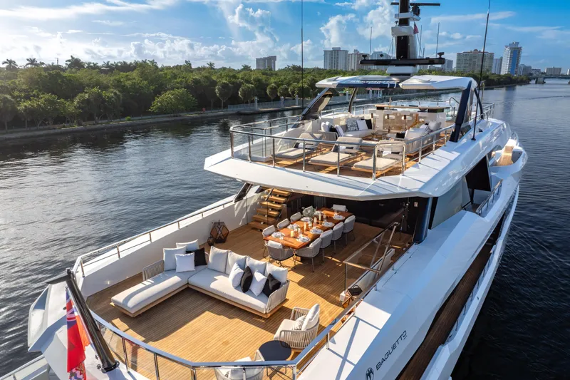 Slide: The Image of Luxurious 2024 Baglietto DOM 133 yacht with spacious decks and elegant outdoor seating. - 2