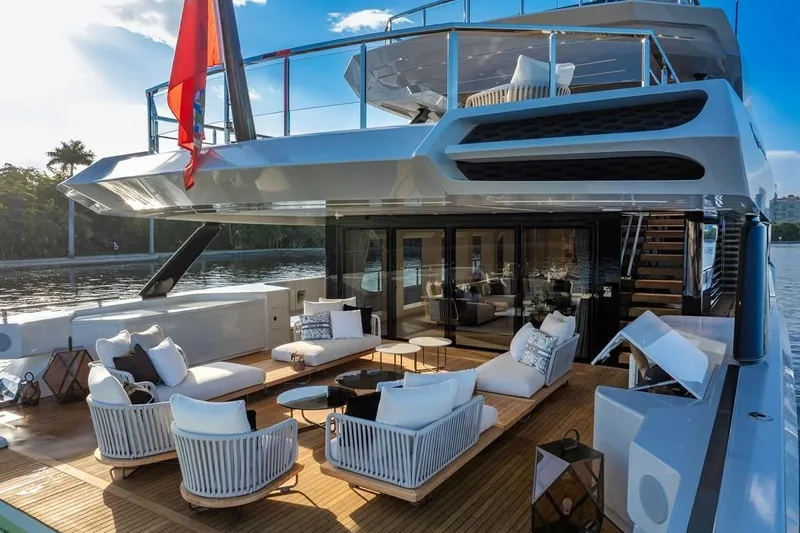 Slide: The Image of Luxurious 2024 Baglietto DOM 133 yacht with elegant outdoor seating and modern design. - 29
