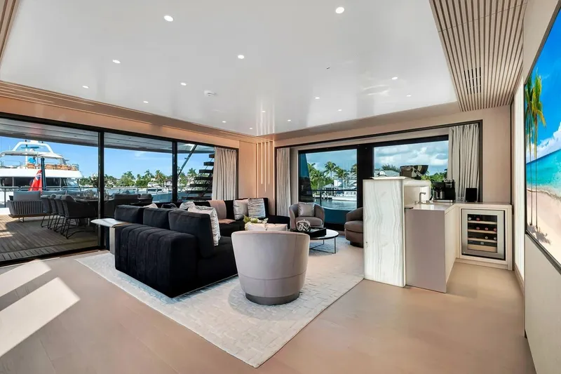 Slide: The Image of Luxurious interior of 2024 Baglietto DOM 133 yacht with modern furnishings and ocean view. - 48