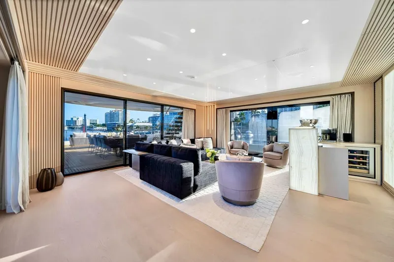 Slide: The Image of Luxurious interior of 2024 Baglietto DOM 133 yacht with modern furnishings and waterfront views. - 52