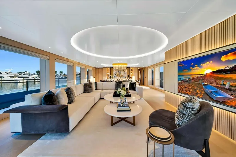 Slide: The Image of Luxurious interior of 2024 Baglietto DOM 133 yacht with modern decor and large windows. - 57