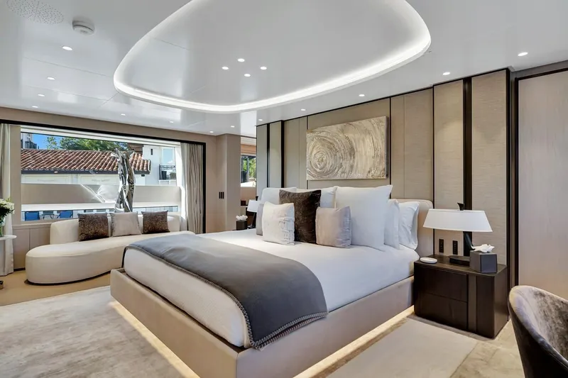 Slide: The Image of Luxurious bedroom interior on 2024 Baglietto DOM 133 yacht, featuring elegant decor and modern design. - 71