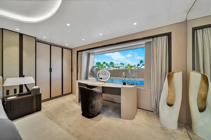 Slide: The Image of Luxurious interior of 2024 Baglietto DOM 133 yacht with elegant furnishings and ocean view. - 74