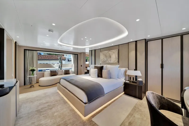 Slide: The Image of Luxurious interior of 2024 Baglietto DOM 133 yacht, featuring elegant bedroom design. - 75