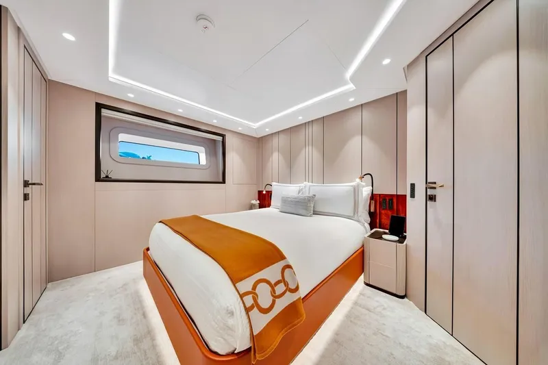 Slide: The Image of Luxurious bedroom interior of 2024 Baglietto DOM 133 yacht, featuring modern design and elegant decor. - 87