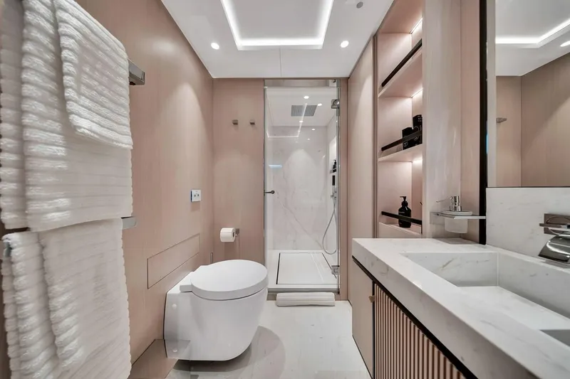 Slide: The Image of Luxurious bathroom in 2024 Baglietto DOM 133 yacht, featuring modern fixtures and elegant design. - 90