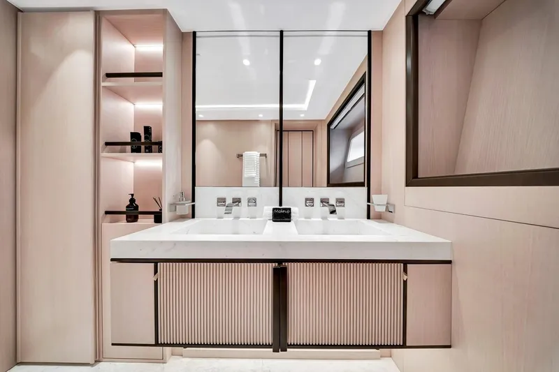 Slide: The Image of Luxurious bathroom interior of 2024 Baglietto DOM 133 yacht with dual sinks and modern design. - 92