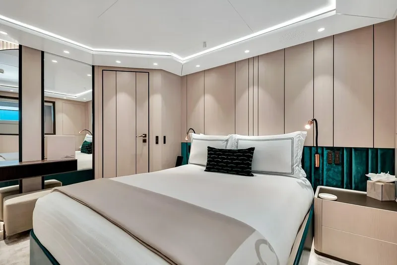 Slide: The Image of Luxurious bedroom interior of 2024 Baglietto DOM 133 yacht, featuring modern design and elegant furnishings. - 95
