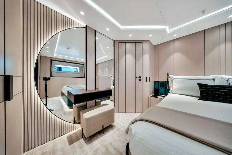 Slide: The Image of Luxurious 2024 Baglietto DOM 133 yacht bedroom with modern design and elegant furnishings. - 99
