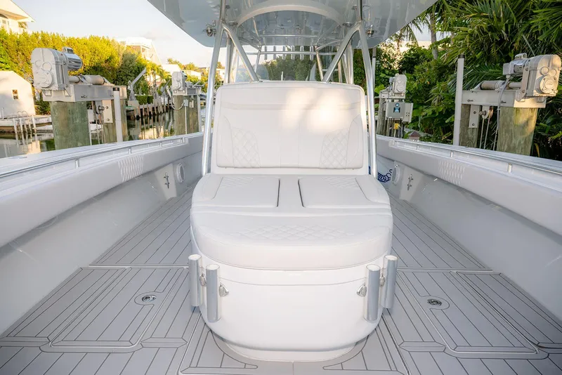 Slide: The Image of 2020 Contender 44 ST boat interior with white seating and sleek design. - 26