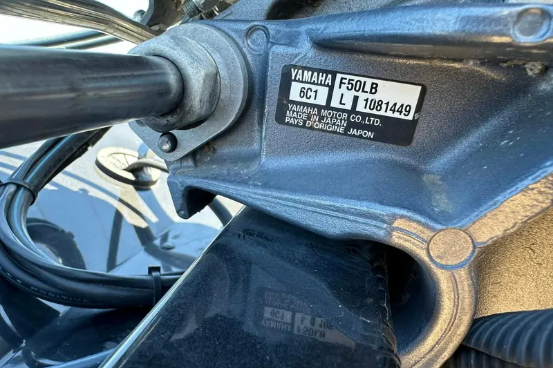 Slide: The Image of Yamaha F50LB engine label on 2020 G3 Sportsman 1610 Camo boat. - 10