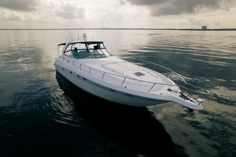 Slide: The Image of 2003 Sea Ray Sundancer 460 yacht on calm waters under cloudy skies. - 4