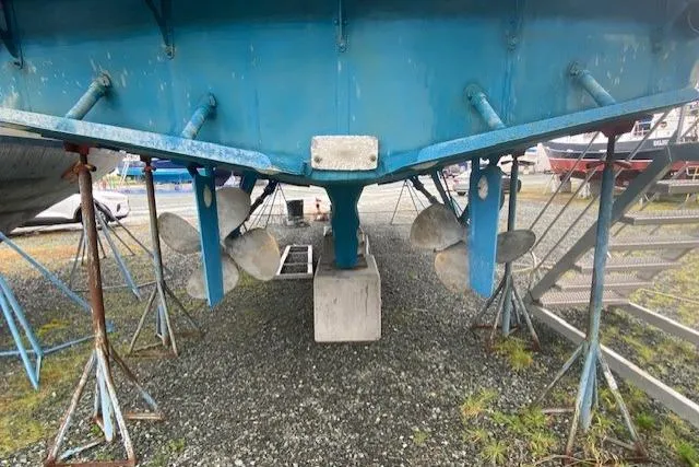 Slide: The Image of Underwater view of 1980 Ocean Alexander 50 Mark I boat propellers on dry dock. - 54