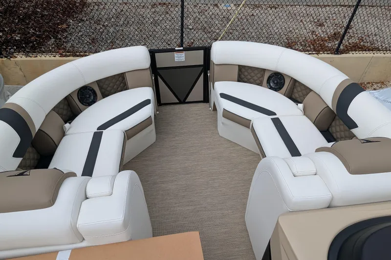 Slide: The Image of Luxurious seating on 2026 Trifecta 21C SS pontoon boat with elegant upholstery design. - 9