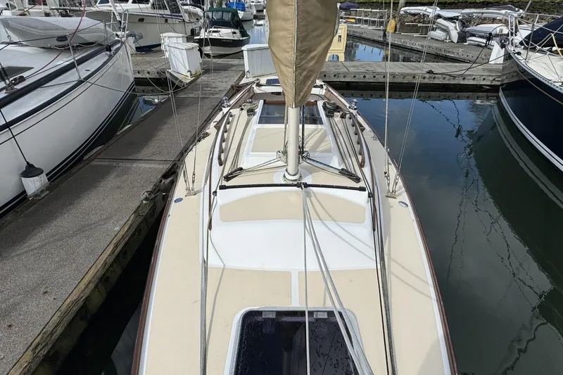 Slide: The Image of Alerion Express 28 sailboat docked at marina, 2017 model, top deck view. - 14